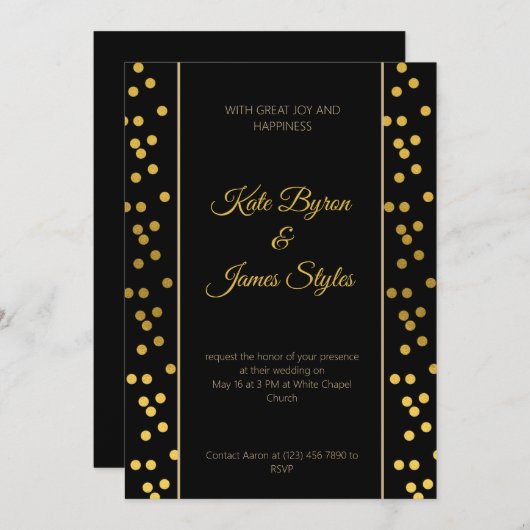 黒と金ゴールド点々のある結婚式招待状 招待状 (正面/裏面)