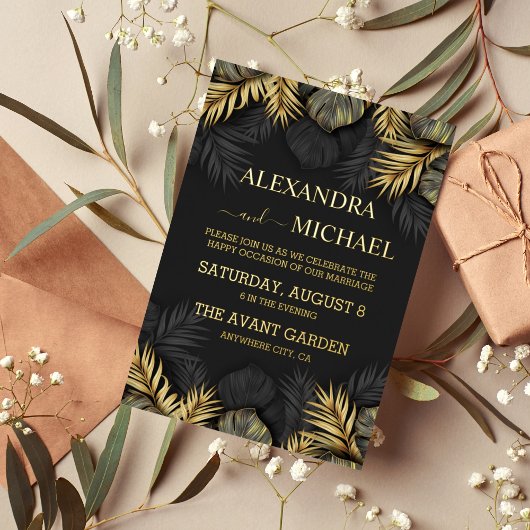 黒と金ゴールド熱帯の目的地の結婚式の招待 箔招待状