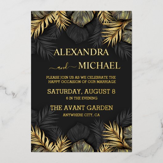 黒と金ゴールド熱帯の目的地の結婚式の招待 箔招待状 (正面)
