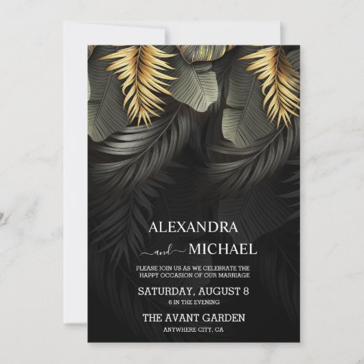 黒と金ゴールド熱帯目的地ウェディングインビタ 招待状 (正面)