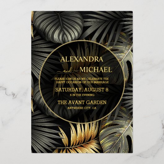 黒と金ゴールド熱帯目的地ウェディングインビタ 箔招待状 (正面)
