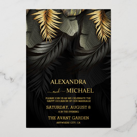 黒と金ゴールド熱帯目的地ウェディングフォイルI 箔招待状 (正面)