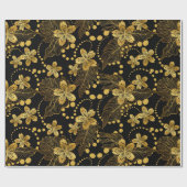 黒と金ゴールド熱帯葉の花のパターン ラッピングペーパー (フラット)