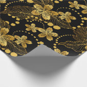 黒と金ゴールド熱帯葉の花のパターン ラッピングペーパー (角)