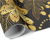 黒と金ゴールド熱帯葉の花のパターン ラッピングペーパー (ロールコーナー)