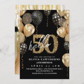 黒と金ゴールド熱気球50誕生日 招待状 (正面/裏面)