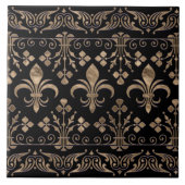 黒と金ゴールド王室ののフルーア・デ・リスオーナメント タイル (正面)