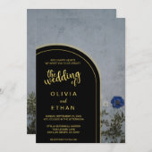 黒と金ゴールド素朴な青のバラ結婚式招待状 招待状 (正面/裏面)