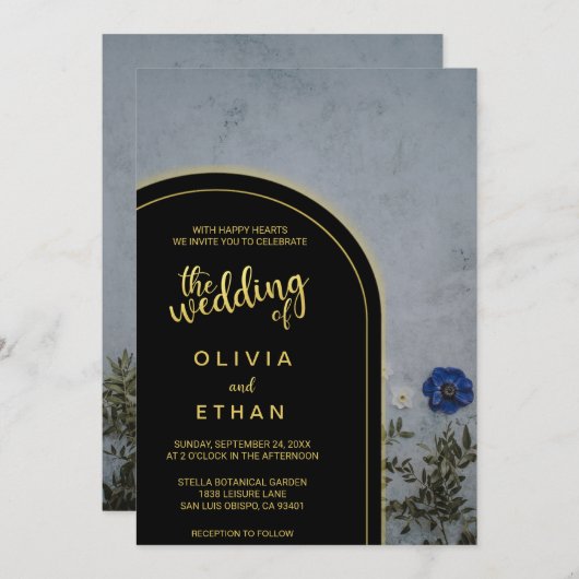 黒と金ゴールド素朴な青のバラ結婚式招待状 招待状 (正面/裏面)