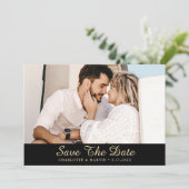 黒と金ゴールド結婚の写真は日付カードを保存 セーブザデート (スタンド正面)