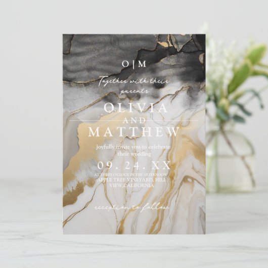 黒と金ゴールド結婚の写真 招待状 (スタンド正面)