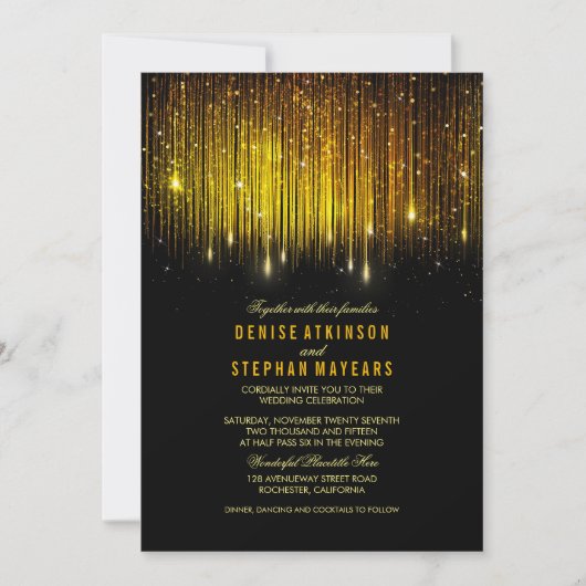 黒と金ゴールド結婚のString Lights招待状 招待状 (正面)