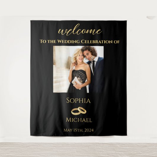 黒と金ゴールド結婚写真 –  タペストリー (正面)