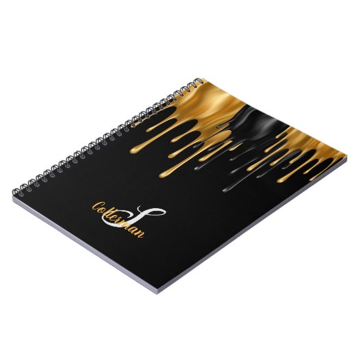 黒と金ゴールド絵を描の滴下モノグラムスクリプト名 ノートブック (左側)