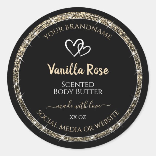 黒と金ゴールド縁どグリッター星の製品ラベル ラウンドシール (正面)