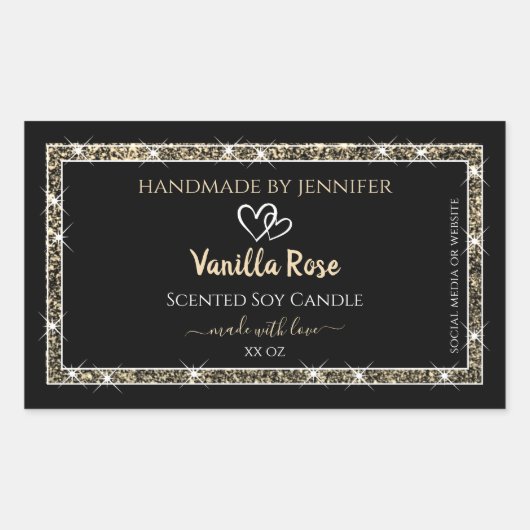 黒と金ゴールド縁どグリッター星の製品ラベル 長方形シール (正面)