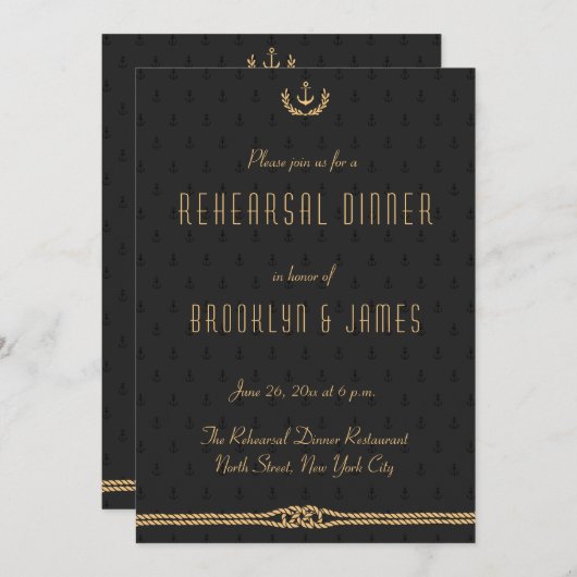 黒と金ゴールド航海ののリハ結婚ーサル招待状 招待状 (正面/裏面)