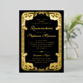 黒と金ゴールド華美フレームスペインのキンセアニェラ 箔招待状 (立ち正面)