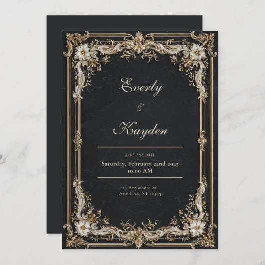 黒と金ゴールド華美結婚の 招待状 (正面/裏面)