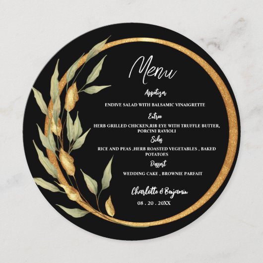 黒と金ゴールド葉のフレーム結婚ラウンド メニュー (正面)