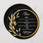 黒と金ゴールド葉のフレーム結婚ラウンド メニュー (正面/裏面)