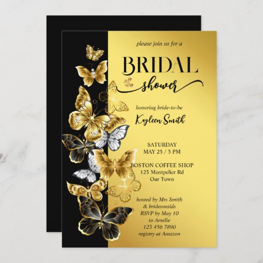 黒と金ゴールド蝶ブライダルシャワー招待状 招待状 (正面/裏面)