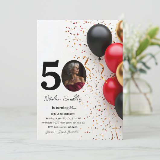 黒と金ゴールド赤い風船50誕生日パーティー 招待状 (スタンド正面)