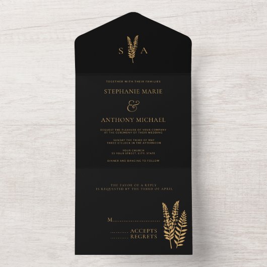 黒と金ゴールド野生ミニマルの結婚花 オールインワン招待状 (内側)