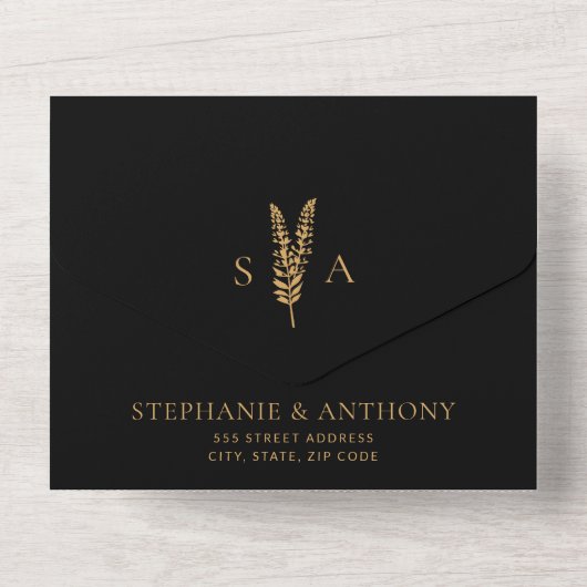 黒と金ゴールド野生ミニマルの結婚花 オールインワン招待状 (裏面)