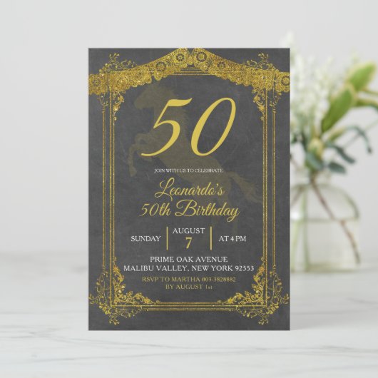 黒と金ゴールド馬大人誕生日招待状 招待状 (スタンド正面)