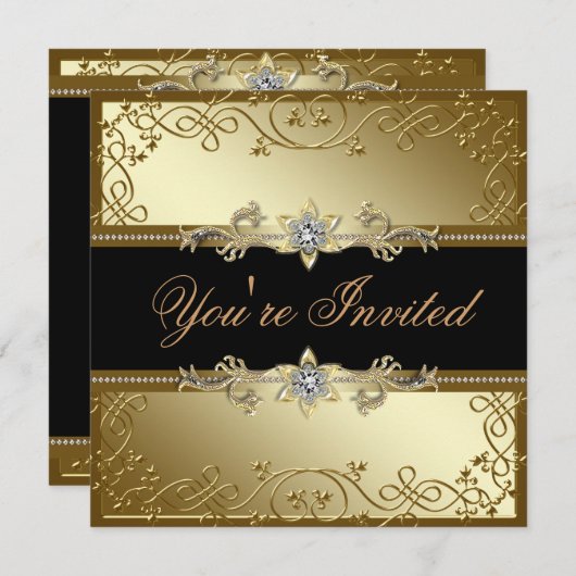 黒と金ゴールド黒のネクタイパーティー 招待状 (正面/裏面)