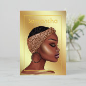 黒と金ゴールド黒人女性バースデーパーティーフォイルInv 箔招待状 (立ち正面)