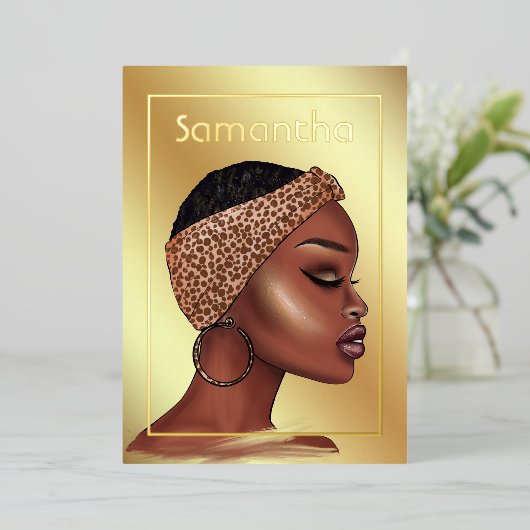 黒と金ゴールド黒人女性バースデーパーティーフォイルInv 箔招待状 (立ち正面)