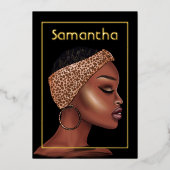 黒と金ゴールド黒人女性バースデーパーティー 箔招待状 (正面)