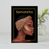 黒と金ゴールド黒人女性バースデーパーティー 箔招待状 (立ち正面)