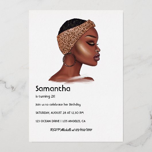 黒と金ゴールド黒人女性バースデーパーティー 箔招待状 (裏面)