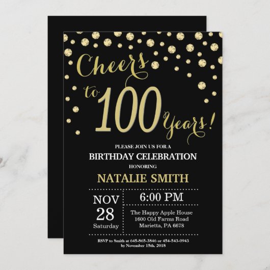 黒と金ゴールド100誕生日ダイヤモンド招待状 招待状 (正面/裏面)