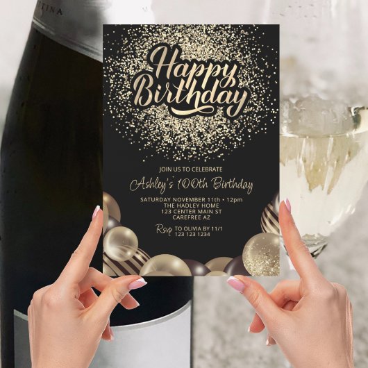 黒と金ゴールド100誕生日 招待状