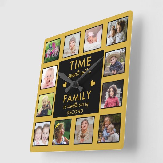 黒と金ゴールド12フォトコラージファミリータイム引用文 スクエア壁時計 (傾斜)
