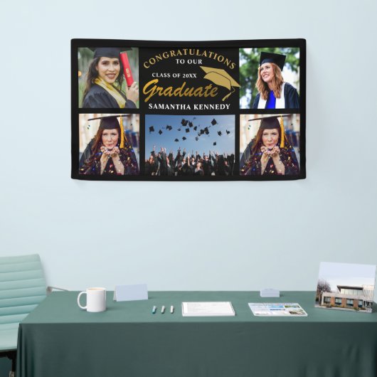 黒と金ゴールド2023卒業5写真コラージュ 横断幕 (トレードショー)