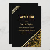 黒と金ゴールド21th誕生日ディナーパーティー 招待状 (正面/裏面)
