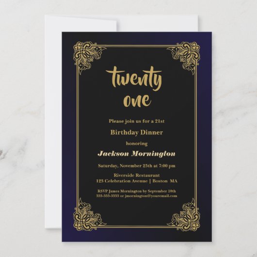 黒と金ゴールド21th誕生日ディナー 招待状 (正面)