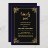 黒と金ゴールド21th誕生日ディナー 招待状 (正面/裏面)
