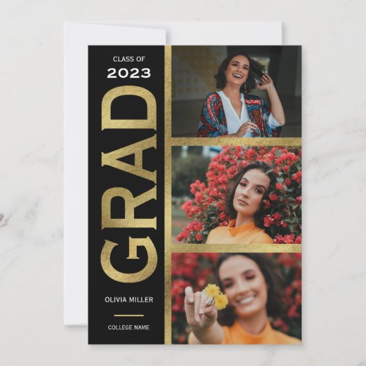 黒と金ゴールド3写真の卒業発表 招待状 (正面)