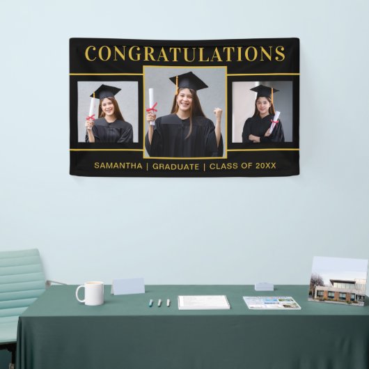 黒と金ゴールド3写真卒業おめでとう 横断幕 (トレードショー)