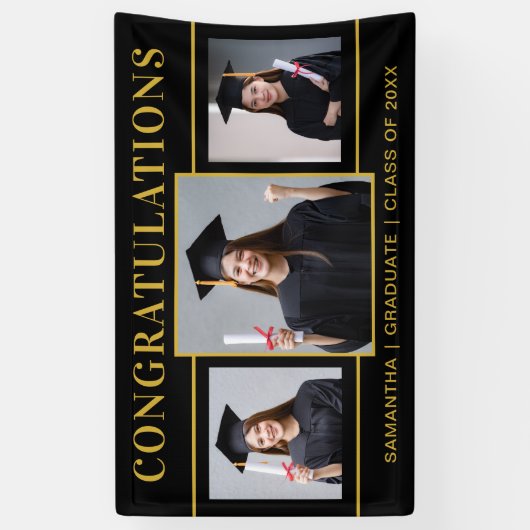 黒と金ゴールド3写真卒業おめでとう 横断幕 (縦)