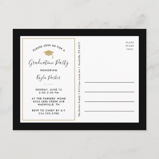 黒と金ゴールド3写真卒業パーティー招待状 案内ポストカード (裏面)