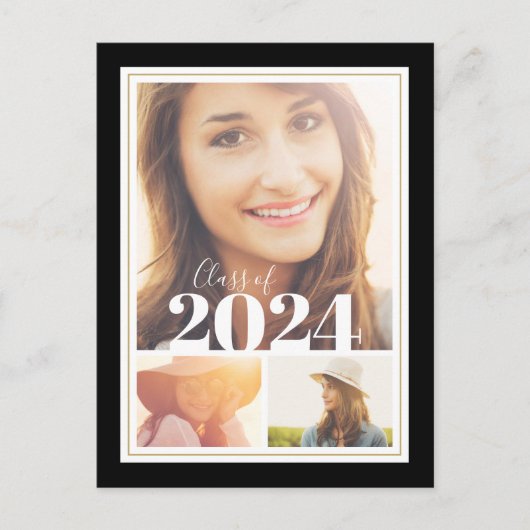 黒と金ゴールド3写真卒業パーティー招待状 案内ポストカード (正面)