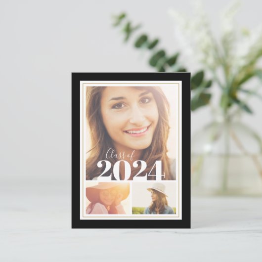 黒と金ゴールド3写真卒業パーティー招待状 案内ポストカード (スタンド正面)