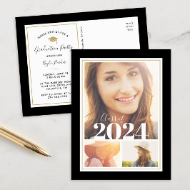 黒と金ゴールド3写真卒業パーティー招待状 案内ポストカード